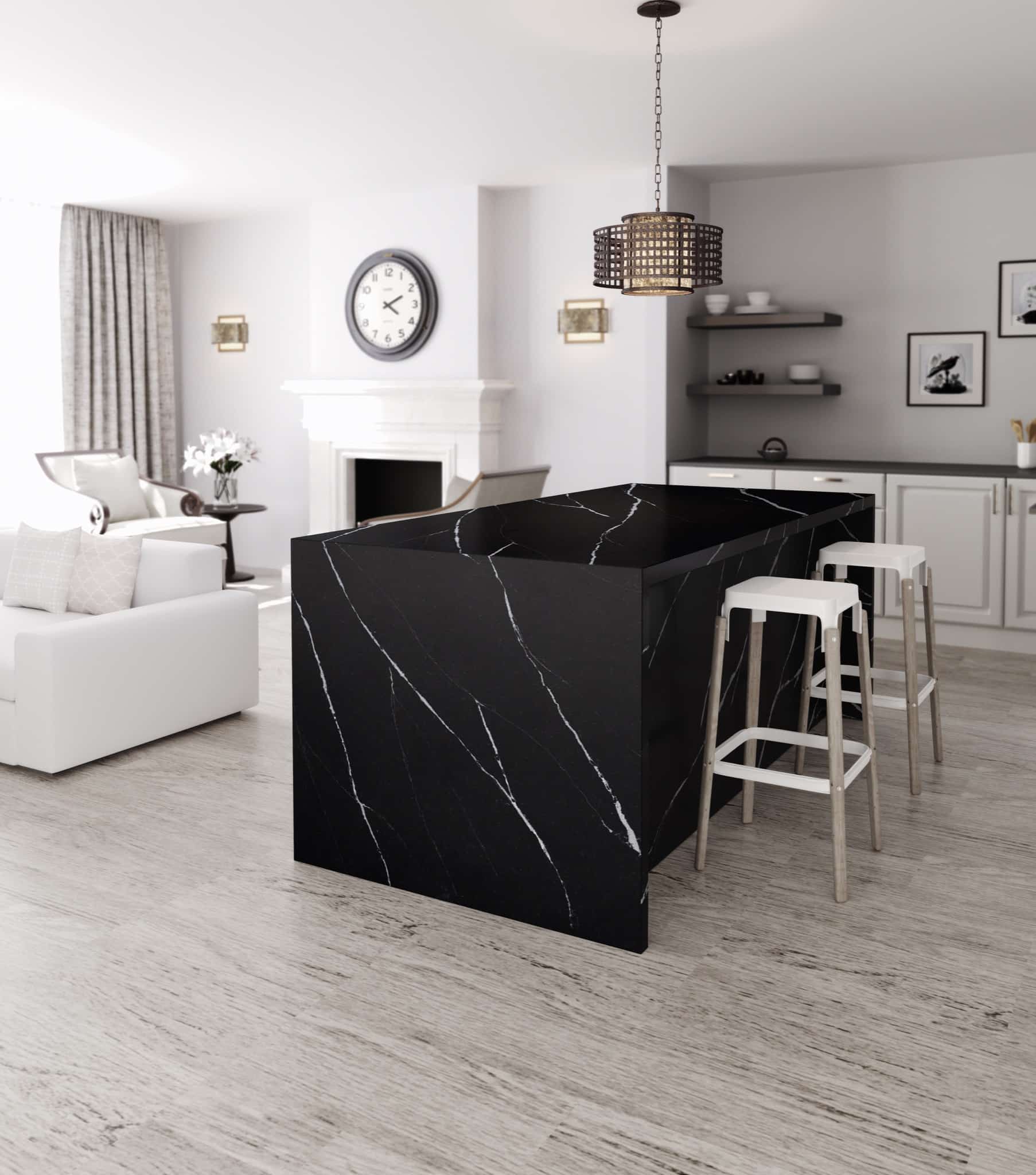 Table haute en marbre noir Et Marquina dans une cuisine claire